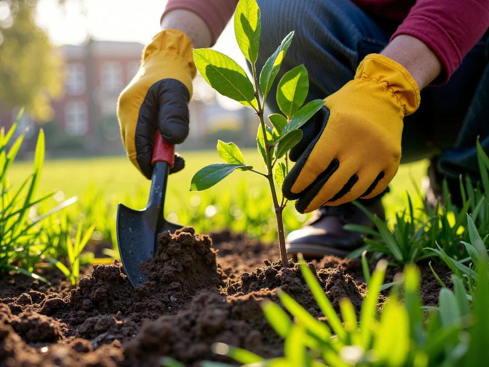 Jardin potager en automne avec paillis de paille autour de jeunes plants et arbustes