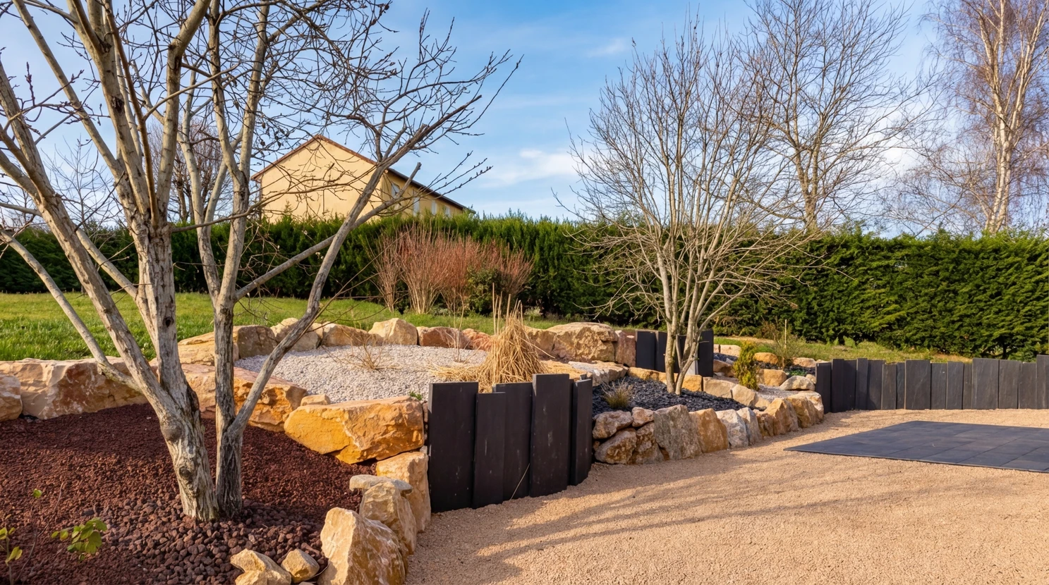 Jardin paysager en terrasses avec parterres de fleurs colorées disposés en motifs géométriques, allées courbes pavées, pelouses entretenues et arbustes taillés