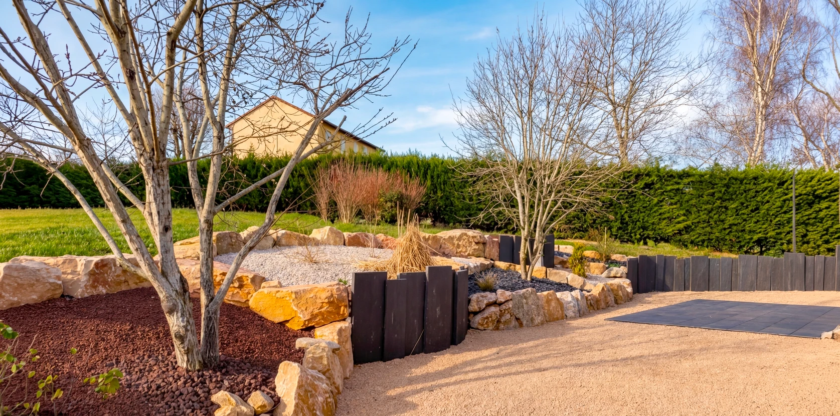 Jardin paysager avec bassin d'ornement entouré de pierres naturelles, plantes aquatiques et vivaces