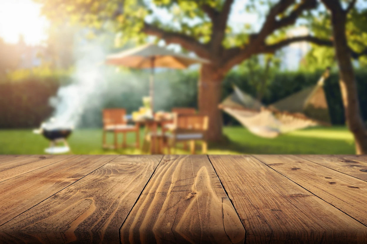 Terrasse extérieure aménagée avec végétation luxuriante, mobilier de jardin moderne et aménagement paysager sophistiqué