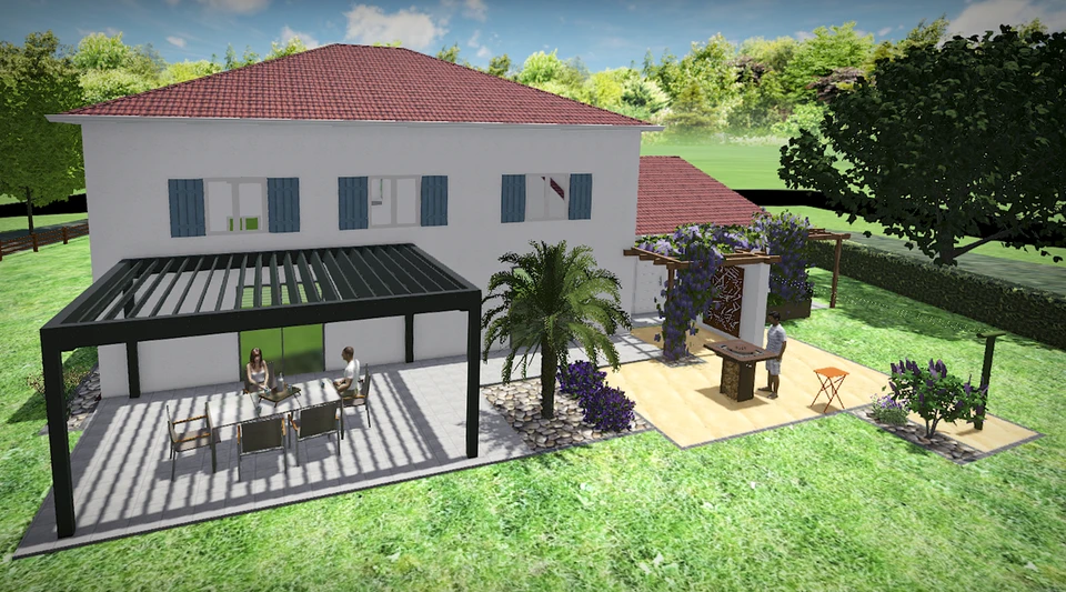 Rendu 3d de maison et de voiture de banlieue avec jardin, soleil et nuages sur fond orange