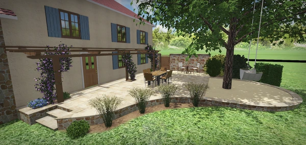 Main d'architecte paysagiste dessinant un plan d'aménagement extérieur coloré avec crayon bleu