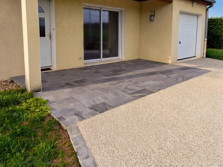 Terrasse extérieure en cours d'aménagement, environnement rural verdoyant